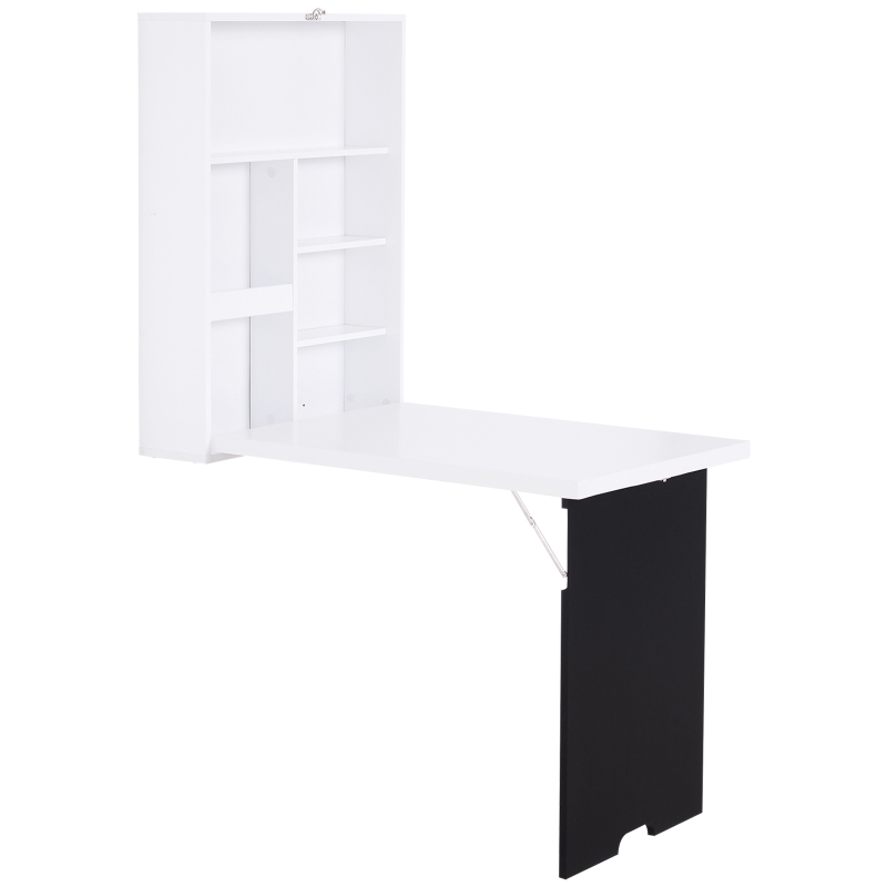 HOMCOM Bureau Mural Pliable Table Murale Rabattable Suspendue sur Pied étagère + Tableau à Craie intégré MDF Blanc