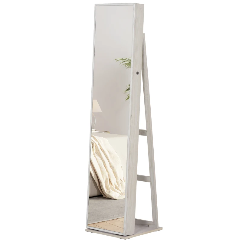 HOMCOM Espejo Joyero de Pie Armario Joyero con Luces LED y Cerradura Armario de Joyas con Espejo Integrada para Dormitorio Blanco con Veta de Madera y Forro Negro