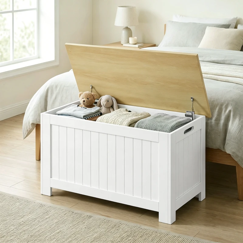 HOMCOM Baú de Arrumação 90 L com Tampa Versátil com Dobradiça de Segurança 80,5x40x46,4 cm Madeira e Branco
