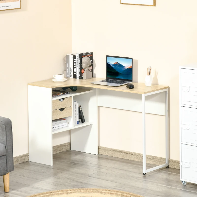 HOMCOM Bureau d'Angle avec 2 Tiroirs, 120 x 60 cm, Bureau en L avec 3 Compartiments Ouverts, Table Informatique pour Étudier, Travailler, Chambre, Maison, Chêne Clair