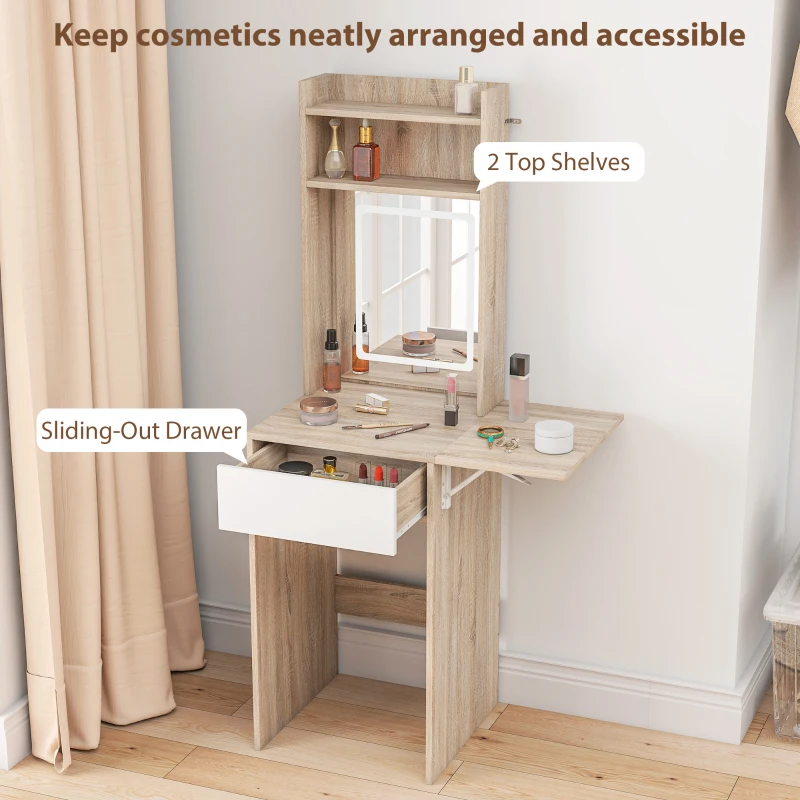 HOMCOM Small Vanity Desk with Mirror and LED Lights, Compact Dressing Table with Drop Leaf, Open Shelves, Natural Wood