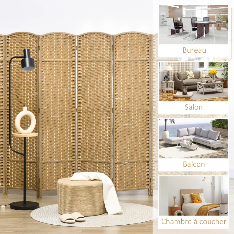 HOMCOM Paravent interieur en bois 8 panneaux 320 x 170 cm séparateur de pièce pliable pour salon, chambre à coucher, naturel