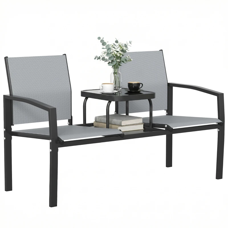 Outsunny 2-Sitzer Gartenbank Sitzbank mit Rücken- & Armlehnen, 2-stufigem Glastisch Parkbank 240kg belast 135 x 67 x 81 cm Grau