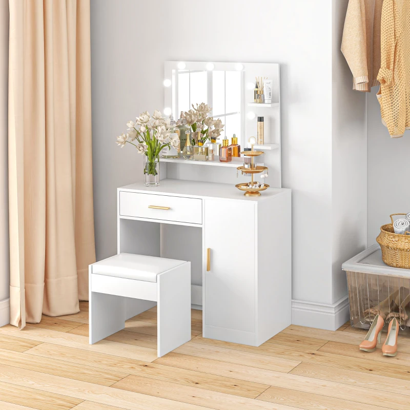 HOMCOM Toucador de Maquilhagem com Banco Mesa de Maquilhagem com Espelho LED Gavetas Prateleira Ajustável e Prateleiras Abertas Branco