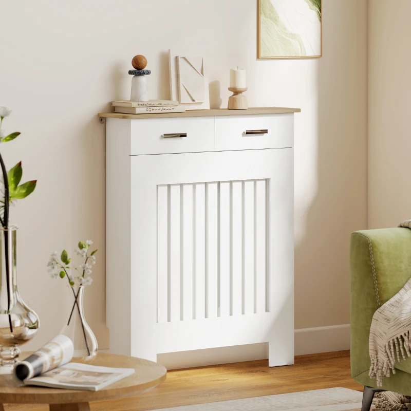 HOMCOM Copritermosifone a Doghe Antiribaltamento con Cassetto, in Legno, 78x19x97 cm, Bianco
