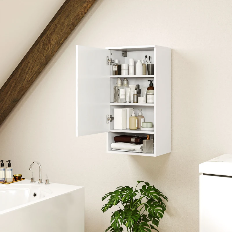 HOMCOM Wandgemonteerde Badkamerkast, Wandkast voor de Badkamer met Verstelbare Planken en Open Vak, Hout, Wit