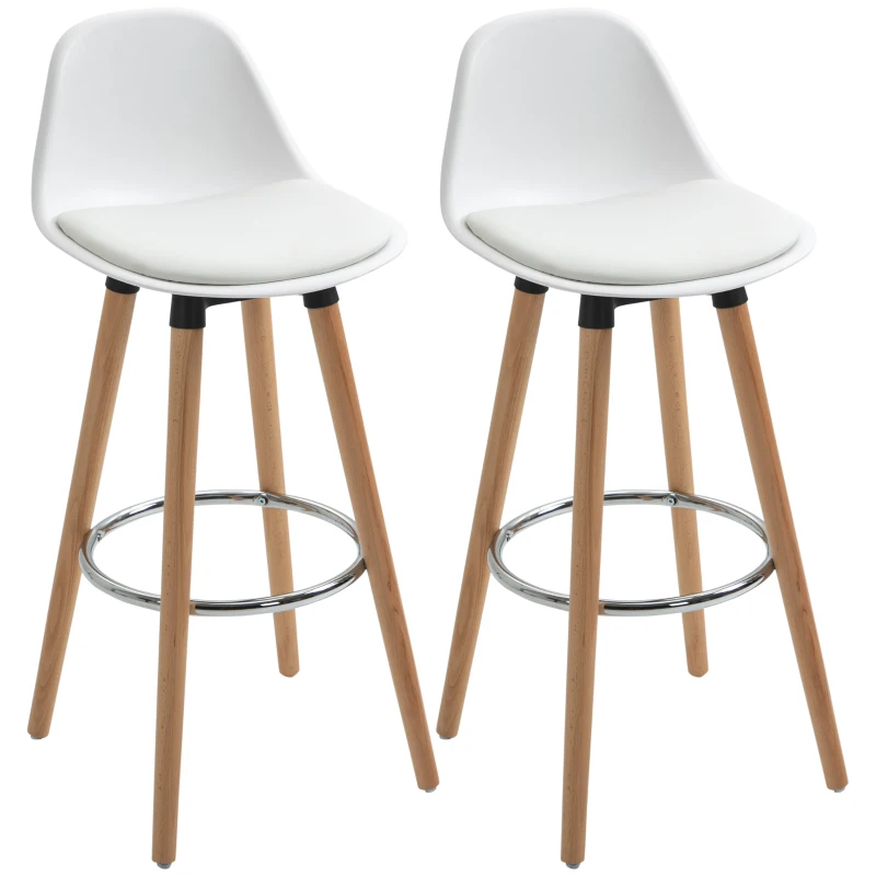 HOMCOM Set van 2 Barkrukken in Scandinavisch Design, Met Voetensteun, 43 cm x 43 cm x 91 cm, Natuurlijk Hout + Wit(m-10)