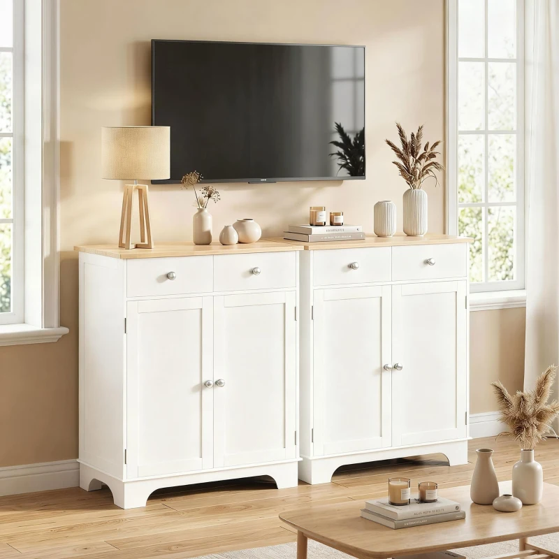 HOMCOM Sideboard, Tischplatte aus Kautschukholz, 2 Schubladen, versetzbarer Einlegeboden, weiß, 68 x 40,3 x 85cm
