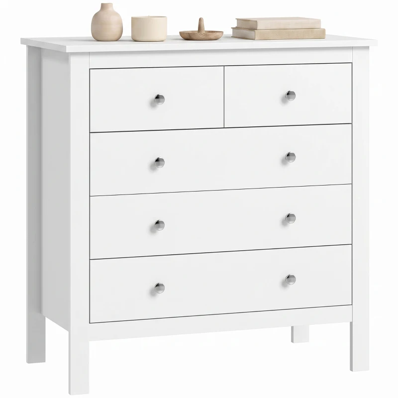 HOMCOM Modern Chest of Drawers, 5 Drawer Storage Cabinet with Metal Handles and Runners for Bedroom, White