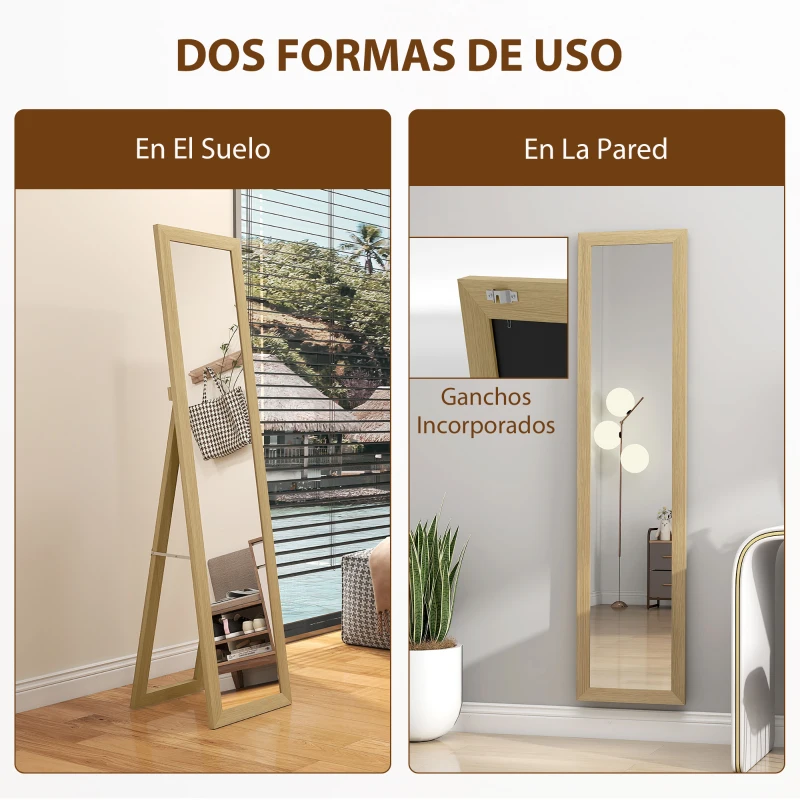 HOMCOM Espejo de Cuerpo Entero 157x37 cm con Marco de MDF Espejo de Pie Inclinado o Colgante Roble
