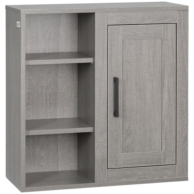 kleankin Armario de Baño de Pared con 3 Estantes Abiertos y 1 Puerta Mueble Auxiliar Suspendido Moderno 48x20x50 cm Gris