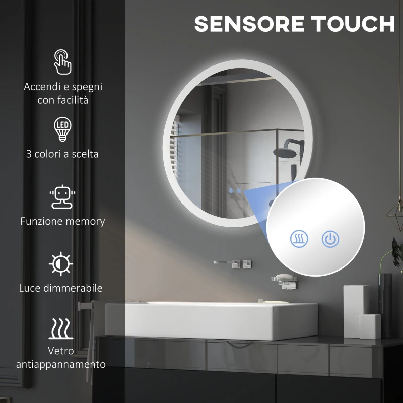 kleankin Specchio Bagno LED Antiappannamento con 3 Colori e Luminosità Regolabile, in Metallo e Vetro, Ø70x3 cm
