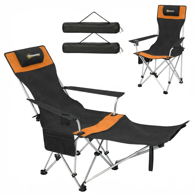 Outsunny Set 2 Sedie da Campeggio Pieghevoli con Poggiapiedi e Portabicchieri, 82x50/100x88 cm, Nero e Arancione