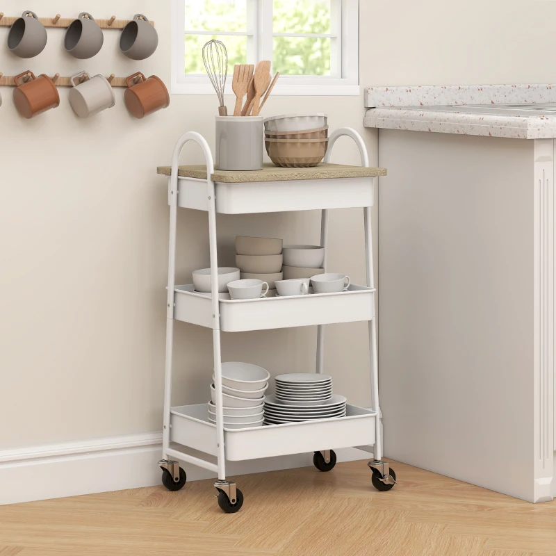 HOMCOM 3-Tier Kitchen Storage Trolley with on Wheels Cover Top Board - White and Oak