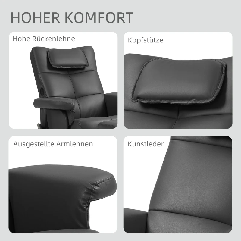 HOMCOM Relaxfauteuil met voetenbank, 360° draaibare loungestoel met kneed- en vibratiemassage, ligfunctie, massagestoel met USB- en USB-C-aansluitingen, zijvak, kunstleer zwart