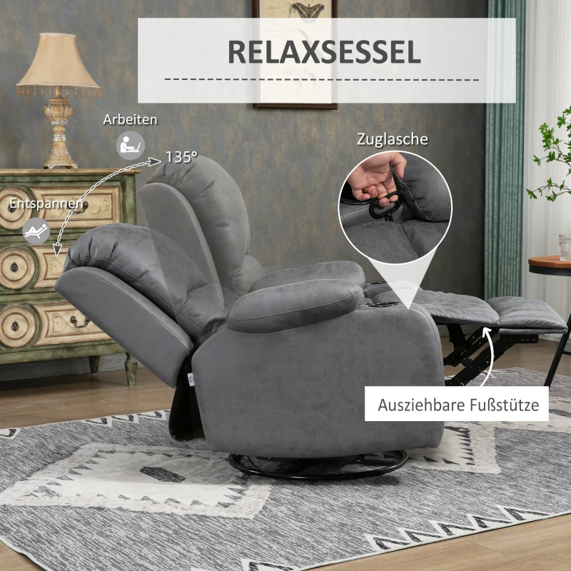 HOMCOM Fauteuil met voetsteun en ligfunctie, incl. bekerhouder, tv-fauteuil, grijs