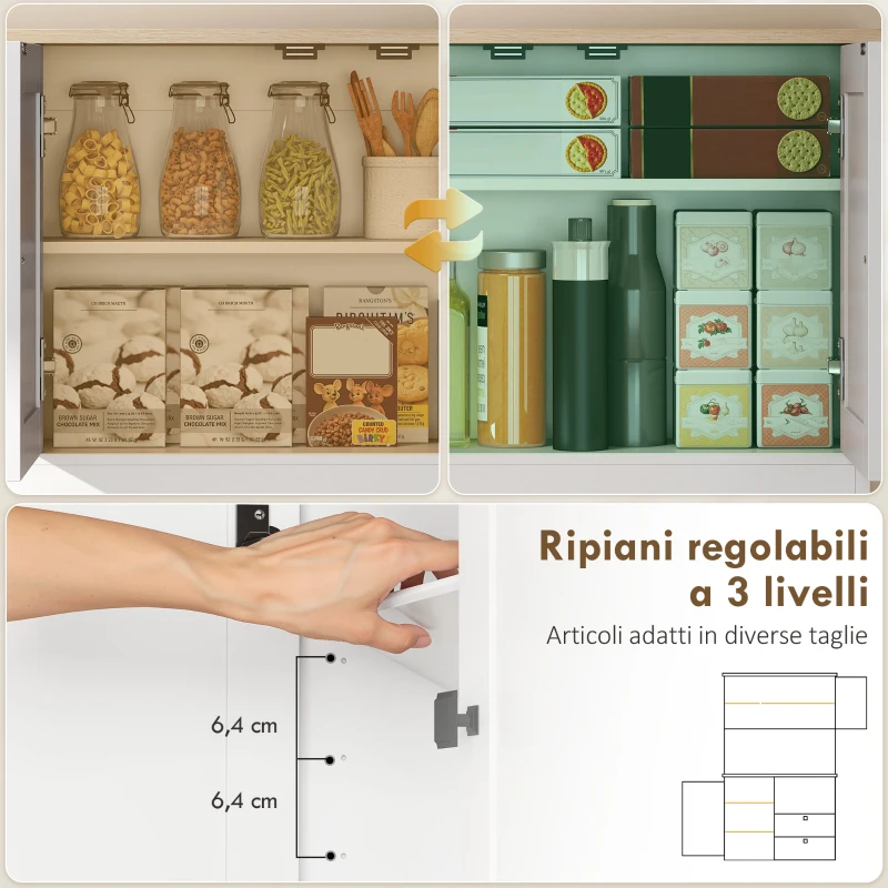 HOMCOM Credenza Cucina con 3 Armadietti, 2 Cassetti, Ripiani Regolabili e Portaspezie, 100x40x62 cm, Bianco