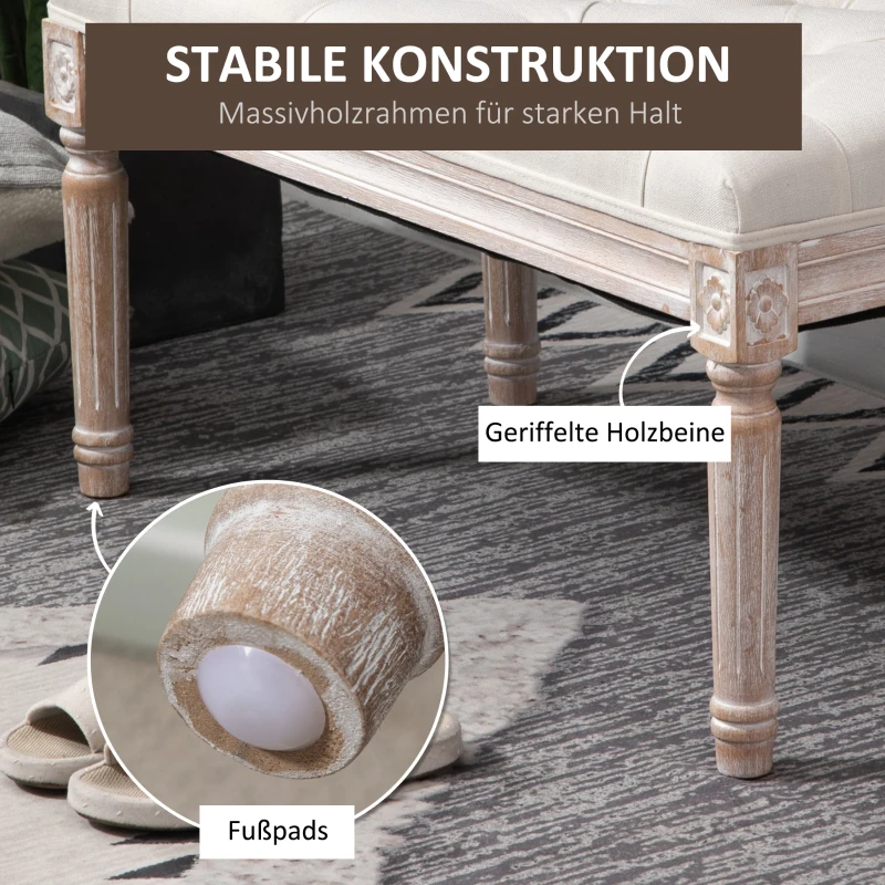 HOMCOM Gestoffeerde zitkruk, gestoffeerde bank, voetenkruk, hout en stofbekleding in linnenlook, 80L x 40B x 43H cm, Crèmewit