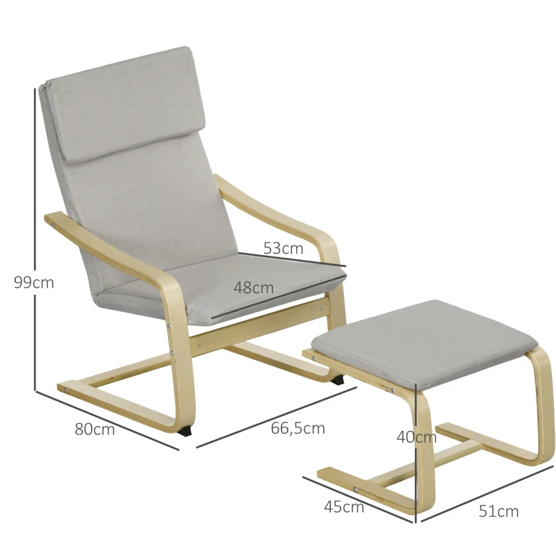 HOMCOM Loungestoel met Voetenbank, Bekleding in Linnenlook, Houten Frame, tot 120 kg, Lichtgrijs/Natuur