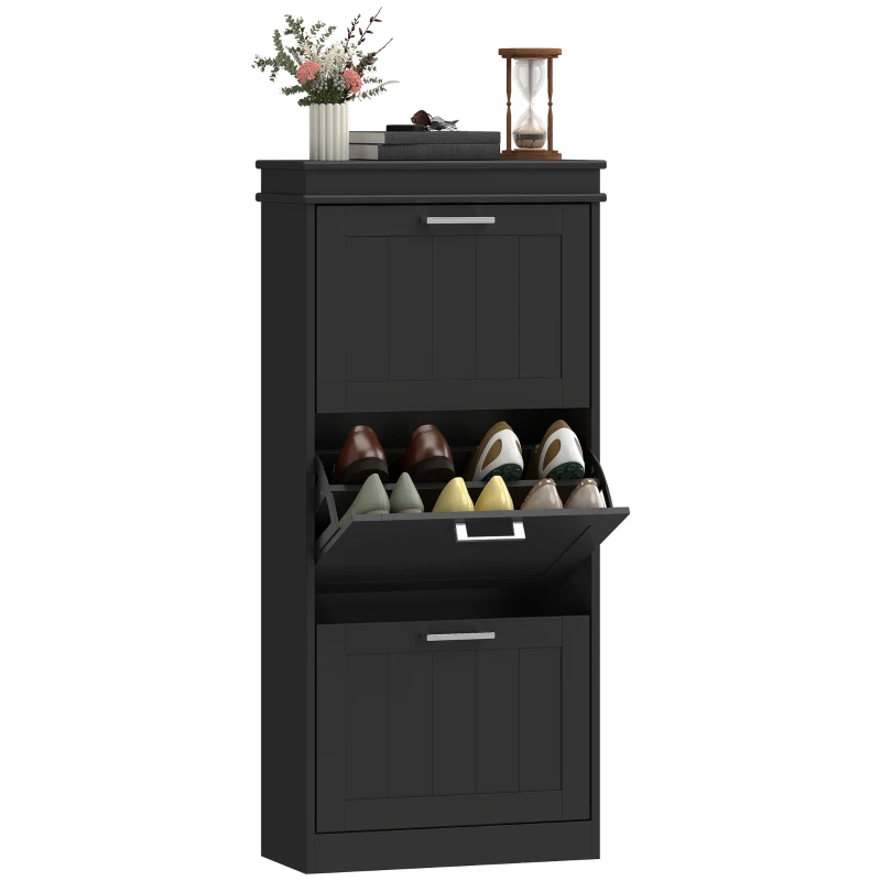 HOMCOM Meuble à chaussures, armoire à chaussures 3 portes abattants 15 paires, étagères réglables, 54 x 24 x 117,5 cm, noir