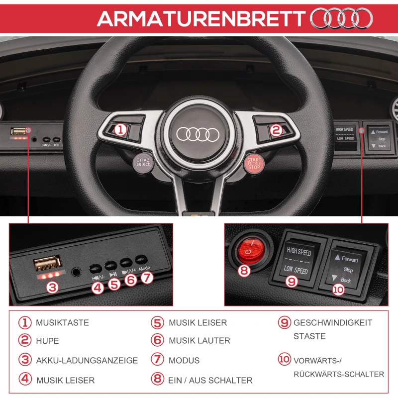 HOMCOM Elektrische kinderauto, Audi TT RS Roadster, 3 km/u, afstandsbediening, LED, USB, zwart(m-7)