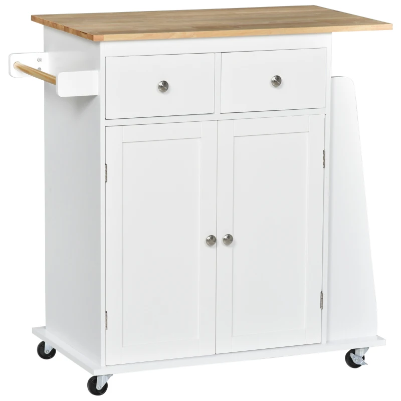 HOMCOM Kitchen Island on Wheels, Mobile Storage Trolley, Rolling Kitchen Cart with Rubber Wood Top, 2-Door Cabinets, 2 Drawers, Adjustable Shelf, 3-Tier Spice Rack, Drawers