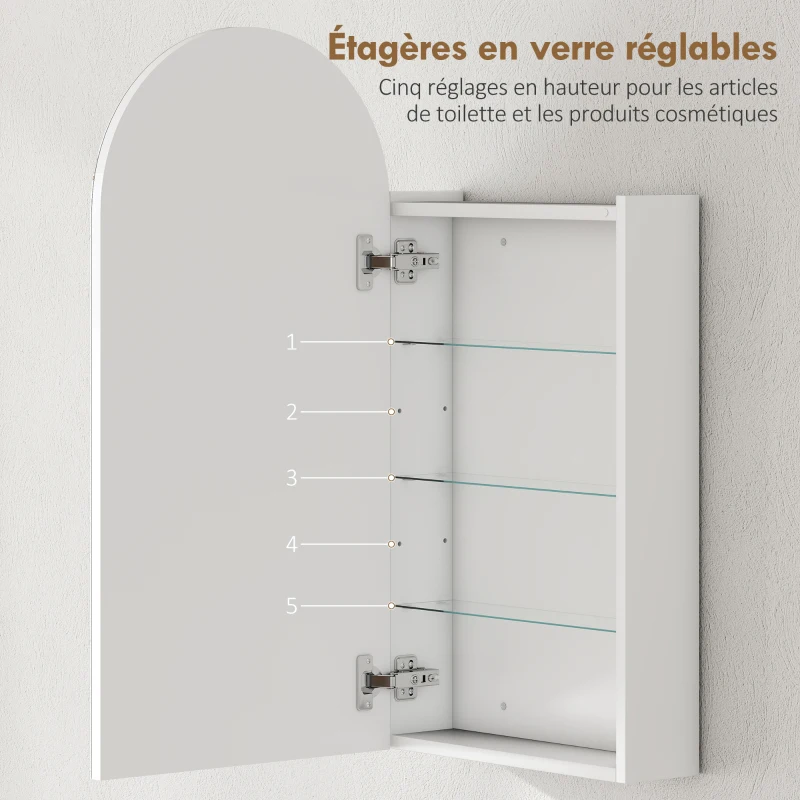 HOMCOM Armoire murale salle de bain avec miroir, meuble salle de bain sans cadre en arche et étagères en verre réglables, blanc