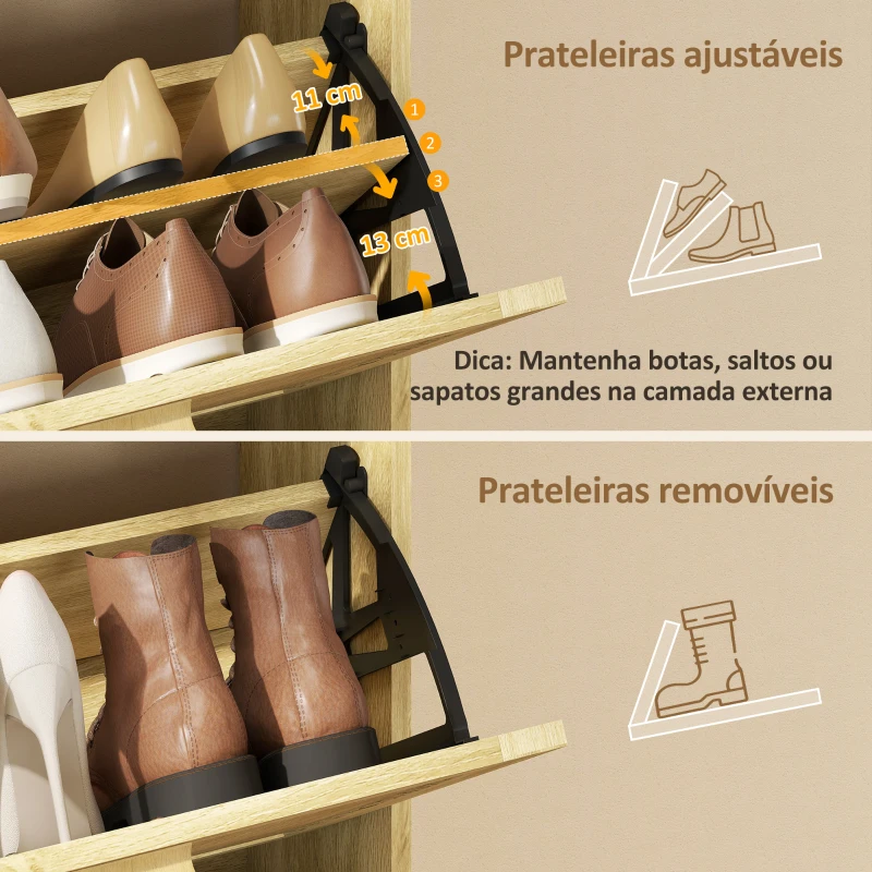HOMCOM Sapateira com 3 Gavetas Rebatíveis e Prateleira Aberta para 12-18 Pares de Sapatos 65x24,5x153 cm Carvalho