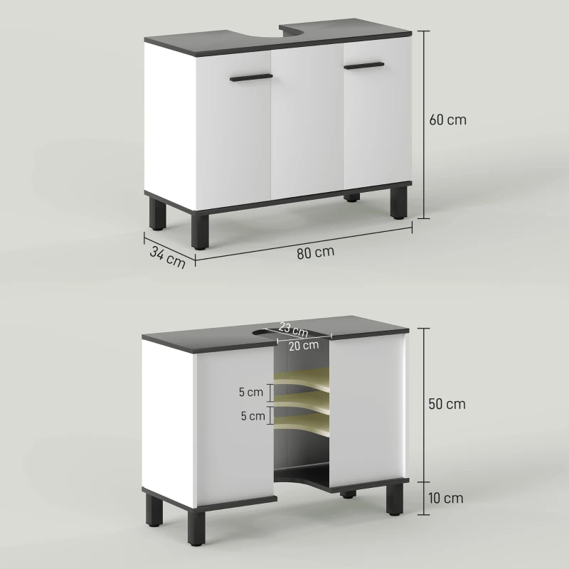 HOMCOM Mobile Sottolavabo Bagno con Armadietto 2 Ante e Ripiano Regolabile, 80x34x60 cm, Bianco Lucido