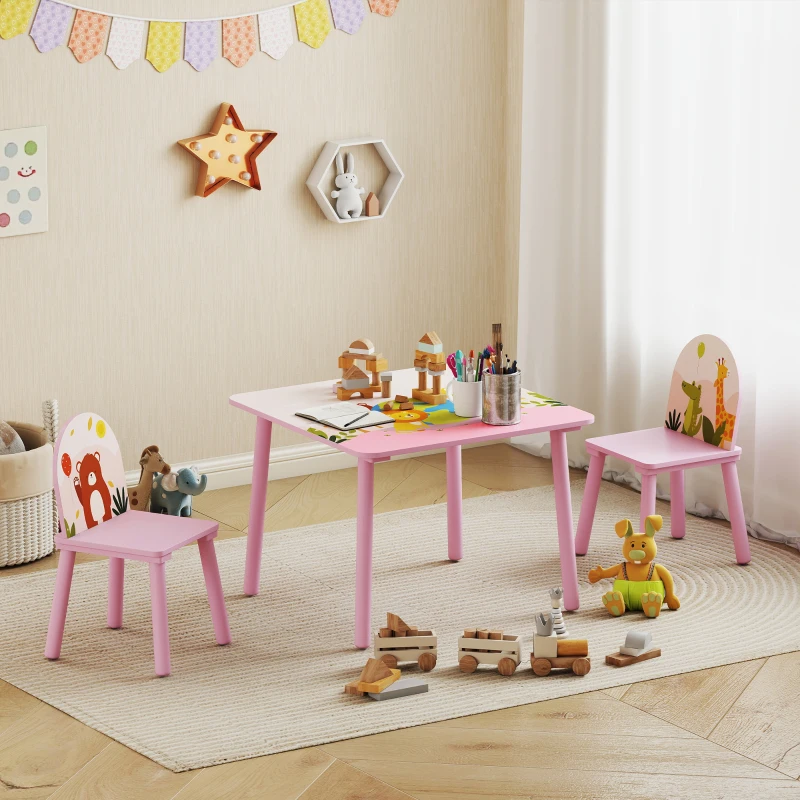 AIYAPLAY Table enfant avec chaise, ensemble table et 2 chaises en bois pour dessiner, jouer, étudier, rose