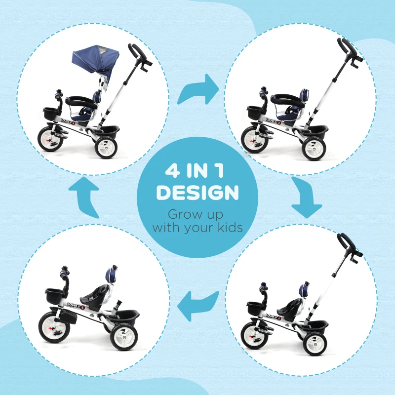 HOMCOM 4 in 1 Tricycle for Kids Toddler Folding Trike with Parent Handle Reversible Seat Adjustable Handle Removable Canopy Safety Belt for 18 Months to 5 Years Blue