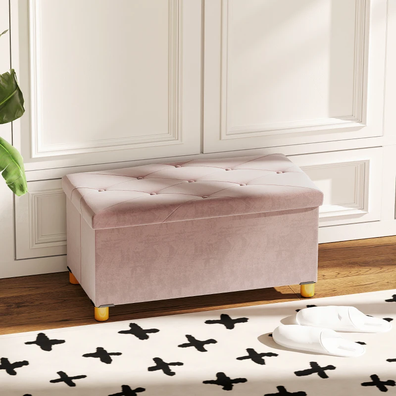HOMCOM Banco de Armazenamento Dobrável Capacidade de 67 L  Estofado em Veludo Carga 120 kg 76x38x38 cm Rosa Claro
