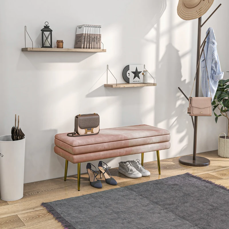 HOMCOM Zitbank Gestoffeerde Bank, met Opbergruimte, Staal, 100 x 37,5 x 42 cm, Roze