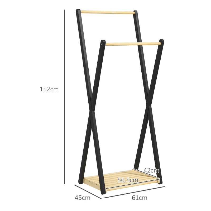 HOMCOM Cuier de podea din lemn cu 2 bare și raft inferior, design modern, 61x45x152cm