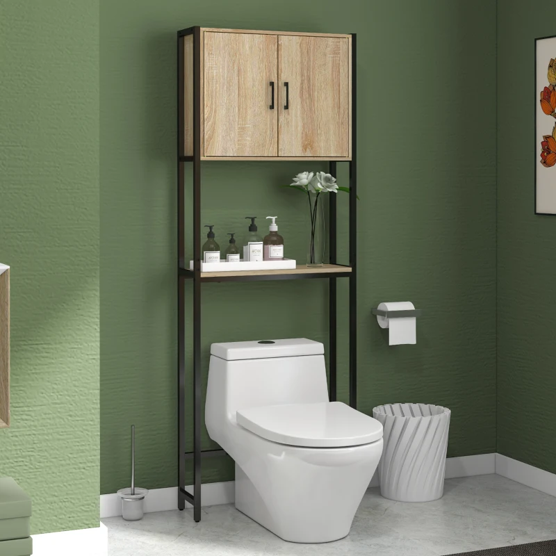 kleankin Móvel sobre Sanita com 2 Portas Prateleira Ajustável Prateleira Aberta Estante de Casa de Banho 64x19x178 cm Madeira