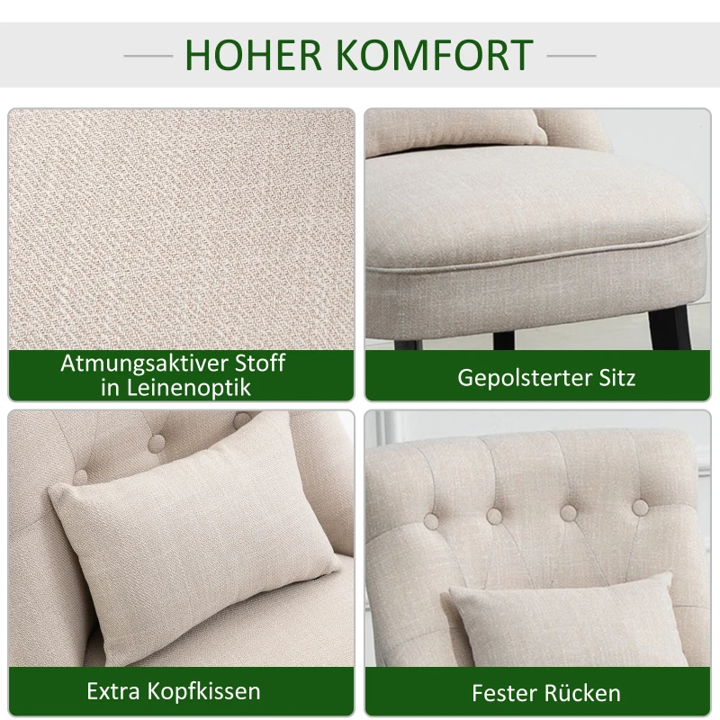 HOMCOM Zachte Gestoffeerde Fauteuil met Rugkussen, voor Lezen en Ontspannen, Stofbekleding in Linnenlook, 52,5 x 69 x 77 cm, Crème Wit