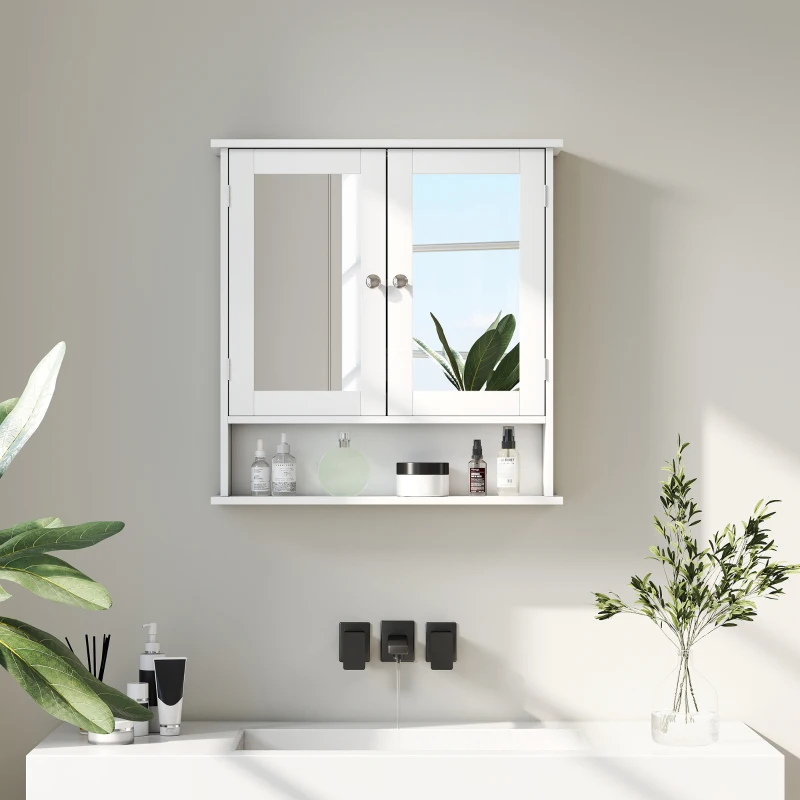 kleankin Armadietto Bagno da Parete con 2 Ante a Specchio e Ripiano Aperto, 56x13x58 cm, Bianco