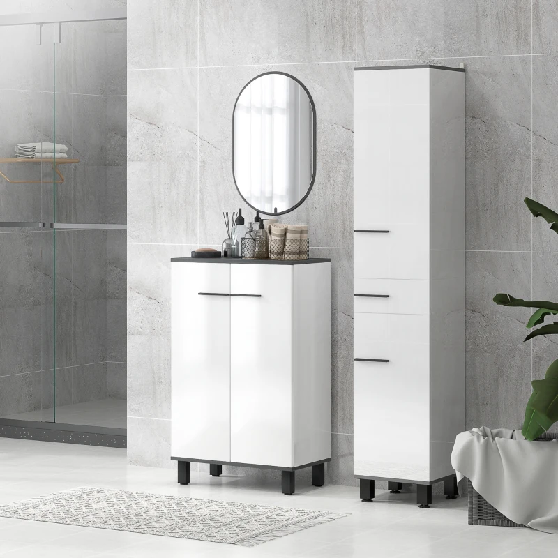HOMCOM Armario de Baño Mueble Auxiliar de Baño con Puertas Estantes Ajustables y Sistema Anti-vuelco 60x34x94 cm Blanco Brillo