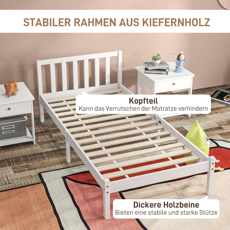 HOMCOM Eenpersoonsbed Frame, Hoofdbord & Lattenbodem, 26cm Opslagruimte onder Bed, Grenenhoud, 208x96x70 cm, Wit