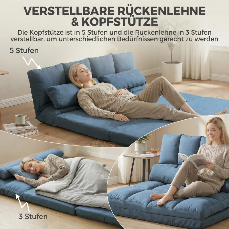 HOMCOM Vloersofa Slaapsofa, opklapbaar, verstelbare rugleuning, 102 cm x 73 cm x 60 cm, Blauw(m-4)