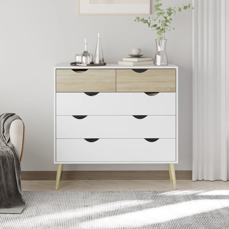 HOMCOM Commode 5 tiroirs Design scandinave Meuble de Rangement Chambre Panneau de Particules 99 x 39 x 101 cm Blanc Aspect chêne Clair