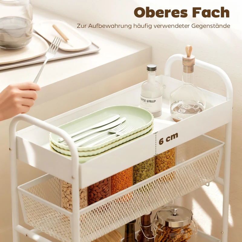 HOMCOM Keukentrolley van metaal, 3 manden, smal design, 4 wielen, voor keuken, woonkamer, badkamer, Wit