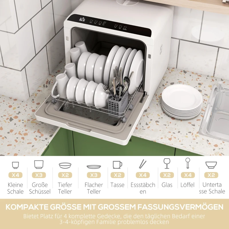 HOMCOM Compacte tafelvaatwasser, 4 couverts, droogmodus, 6L tank/kraan, startvertraging, LED, wit