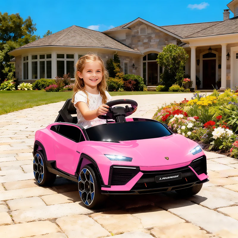 AIYAPLAY Coche Eléctrico para Niños de +3 Años con licencia Lamborghini Batería 12V Mando a Distancia 2,4 G Motor Doble Rosa