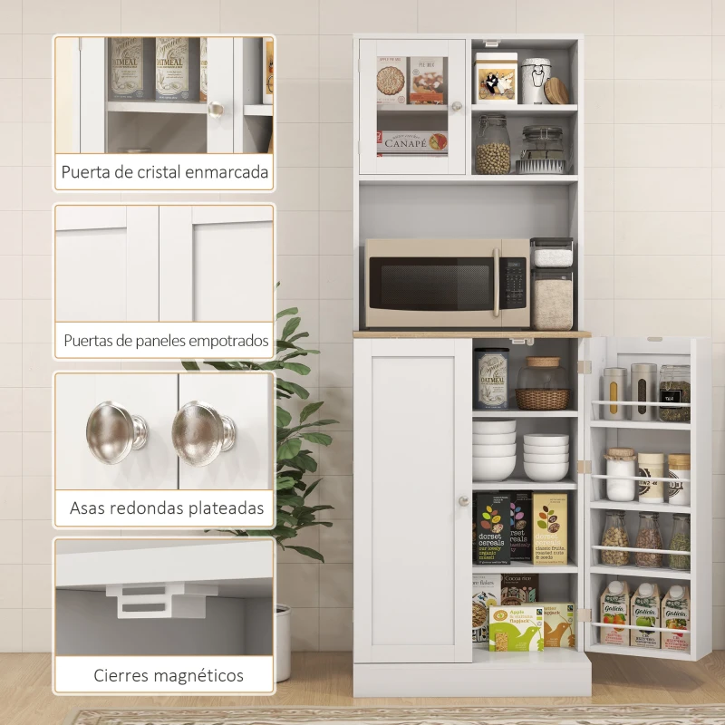 HOMCOM Alacena de Cocina con 3 Puertas Estantes Ajustables y Estantes en la Puerta para Comedor Salón 60x35x169 cm Blanco