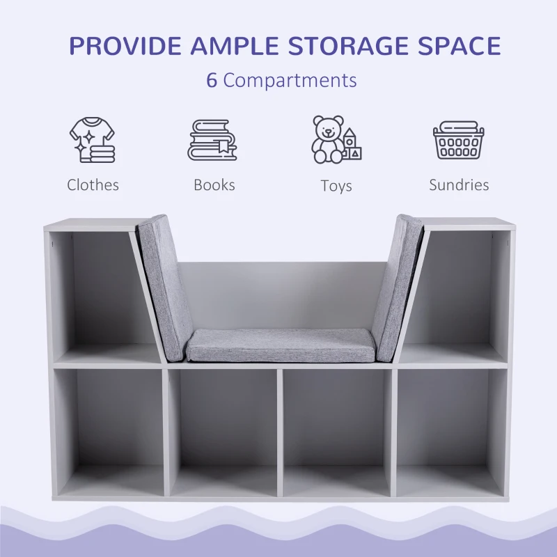 HOMCOM Kids Bookcase Shelf Storage Cabinet Unit, Living Room Sideboard w/ Six Compartments for Toys, Books - Grey