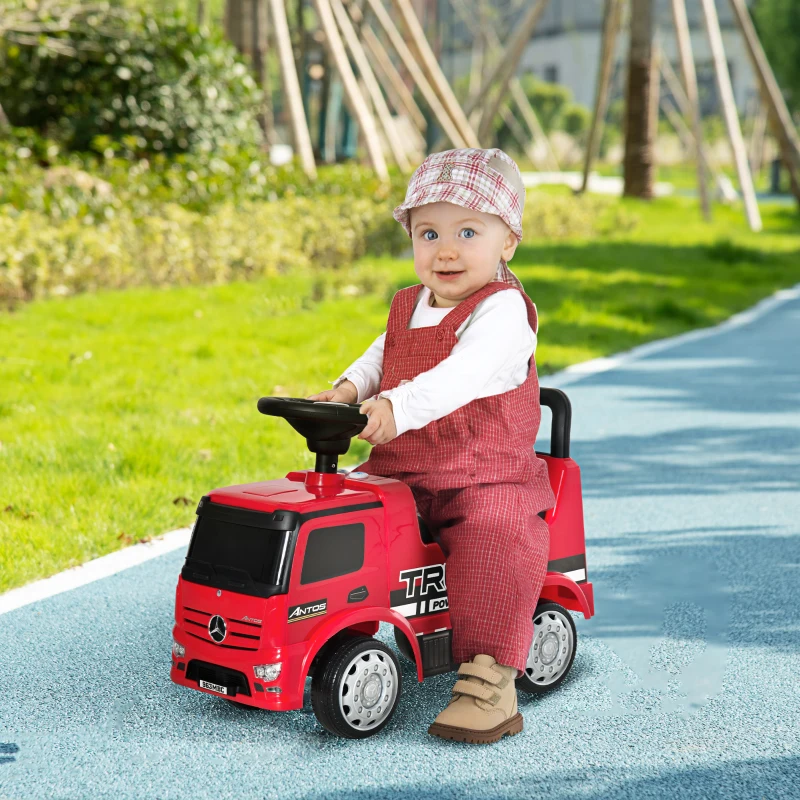HOMCOM speelgoedauto loopauto babywagen kinderwagen gelicentieerd door Mercedes ANTOS vrachtwagenstijl met licht voor kinderen van 12 tot 36 maanden metaal PP plastic wit + zwart 62.5x28.5x45cm