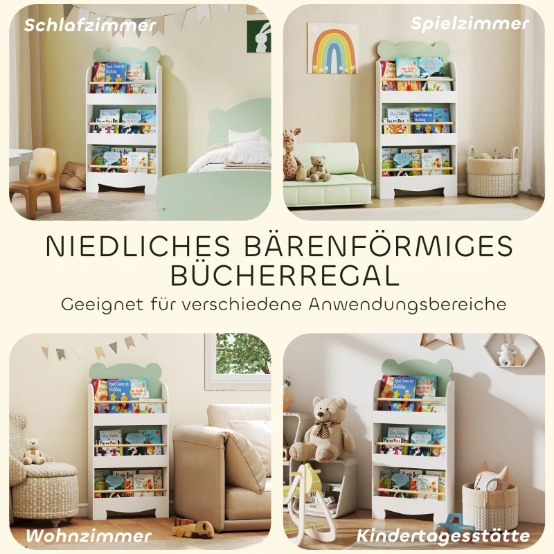 AIYAPLAY Kinderboekenrek, 3-laags boekenrek met beer thema voor speelgoed en boeken, kinderkamer, 55 x 15 x 110 cm, groen