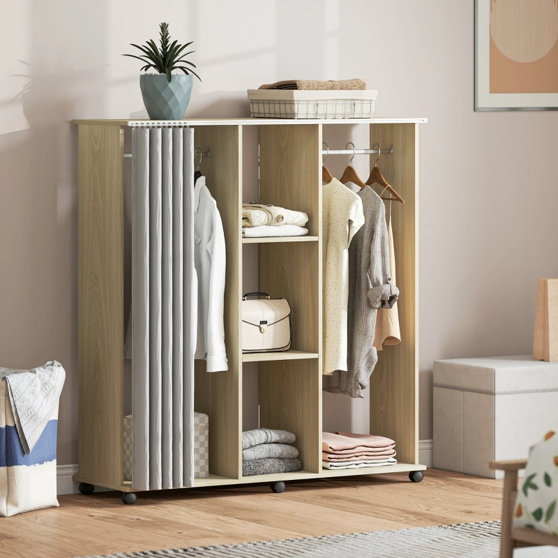 HOMCOM Armoire penderie Meuble de Rangement Mobile 6 roulettes 120L x 40l x 128H cm en bois naturel