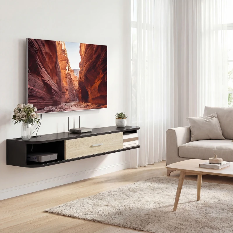 HOMCOM Meuble TV Suspendu 120 cm, Meuble télé jusqu'à 50 Pouces, Porte Rabattable, 2 Étagères Ouvertes et Passe-câbles, Noir